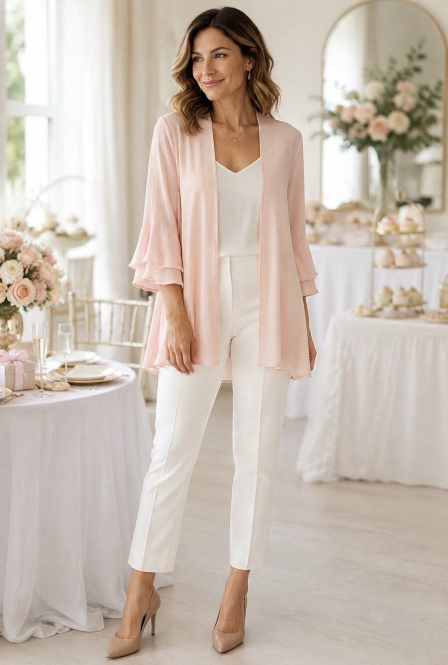 PinkBlush Women’s S Blush Pink Open Front Ruffle Bell Sleeve Cardigan NWT